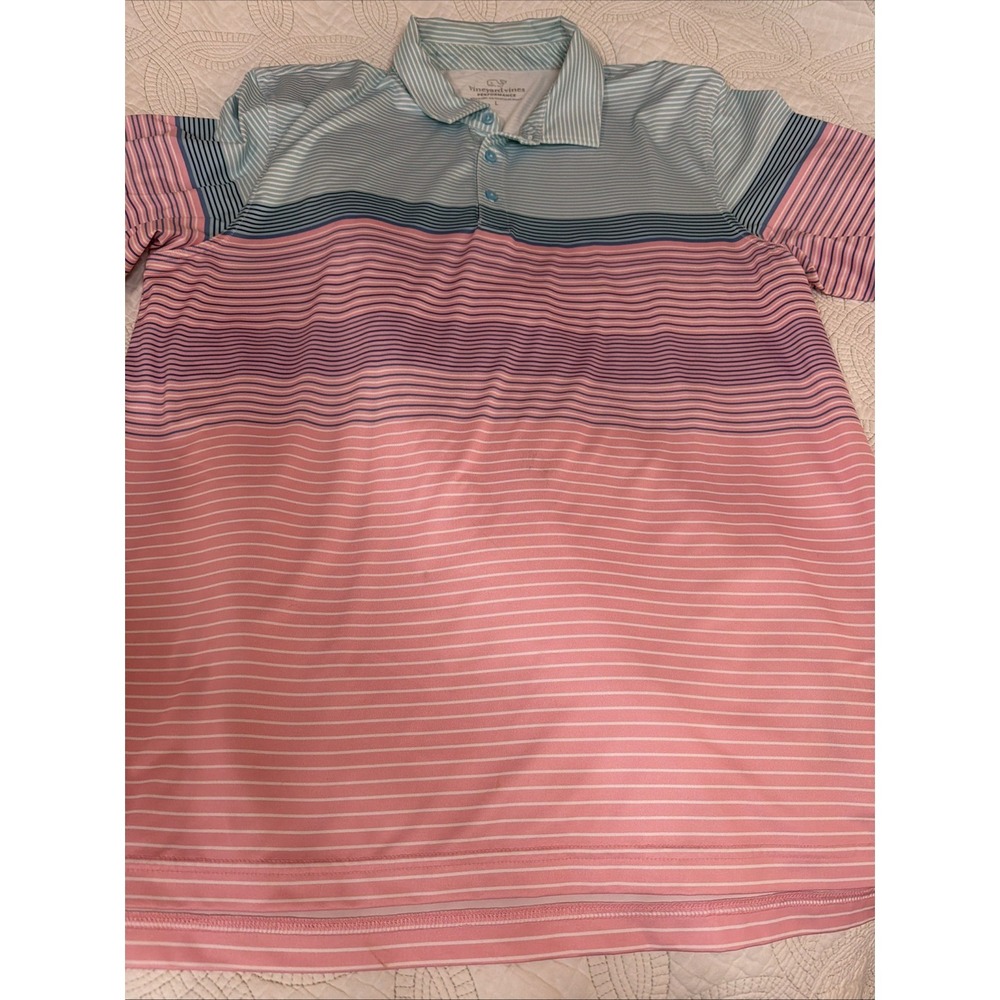 Vineyard Vines Performance Men's LG Polo Shirt Striped Light Blue, White, Pink